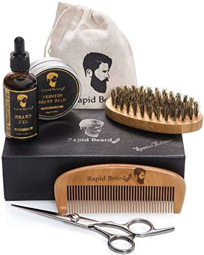Beard Grooming & Trimming Kit for Men Care - Beard Brush, Beard Comb, Unscented Beard Oil Leave in Conditioner, Mustache & Beard Balm Butter Wax Growth, Styling - Stocking Stuffers Set