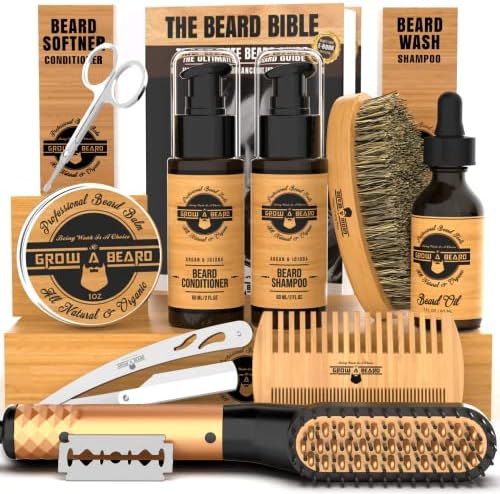 Beard Straightener Grooming Kit for Men, Beard Growth Oil, Sandalwood Balm, Beard Wash and Conditioner, Beard Brush & Comb, Razor & Scissors, E-Book, Great Gift Idea for Men's
