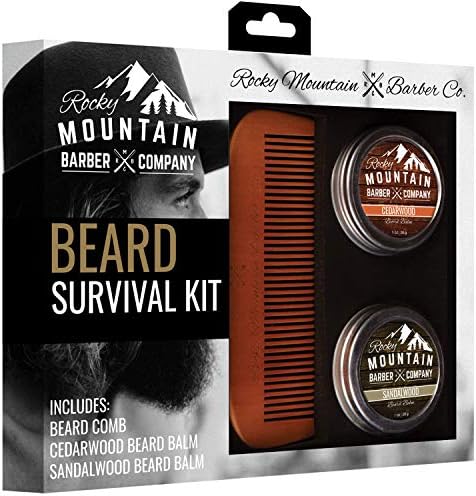 Rocky Mountain Barber Company Beard Gift Set - All-In-One Beard Care Kit with Wooden Beard/Hair Comb and Two Beard Balms (Cedarwood and Sandalwood - 1oz) - Packaged in Gift Box