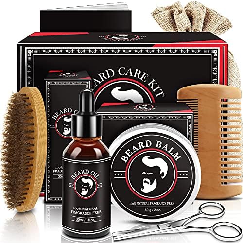 Valentines Day Gifts for Him - Mens Valentines Gifts - Beard Growth and Grooming Kit w/Beard Oil Beard Balm Beard Brush Beard Comb Beard Scissors - Birthday Gifts for Men Dad Husband Fiancé Boyfriend
