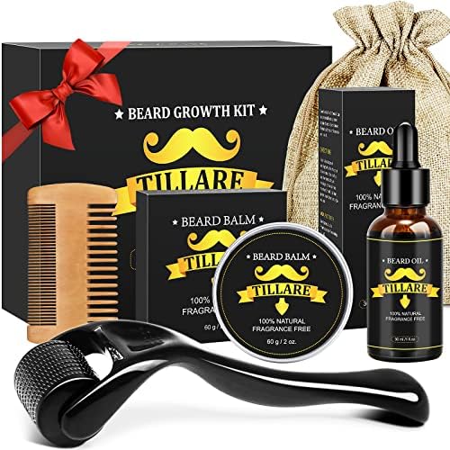 TILLARE Beard Growth Kit - Beard Kit with Beard Growth Oil, 0.25mm Beard Roller, Beard Balm, Comb, Beard Kit for Patchy Beard, Birthday & Valentines Gifts for Men Him Husband Boyfriend Dad
