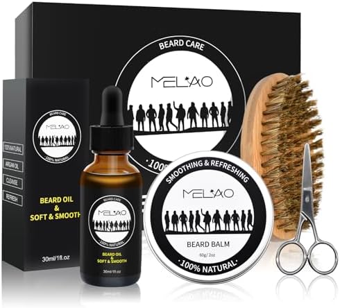 5 Piece Beard Grooming Kit for Men, including All Natural Beard Oil, Beard Balm with Sweet Orange Scent, Brush, Comb, Scissors, Storage Bag, Beard Care Set Christmas Birthday Father's Day Gift for Him