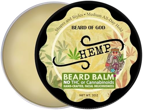 Beard of God Hemp Cannabis Sativa - 2oz Beard Balm Conditioner - Helps with Psoriasis, Eczema, Acne & Dry Skin. Handcrafted in USA Medium Hold, Low Sheen, Melts Easy in Hands, No Grittiness