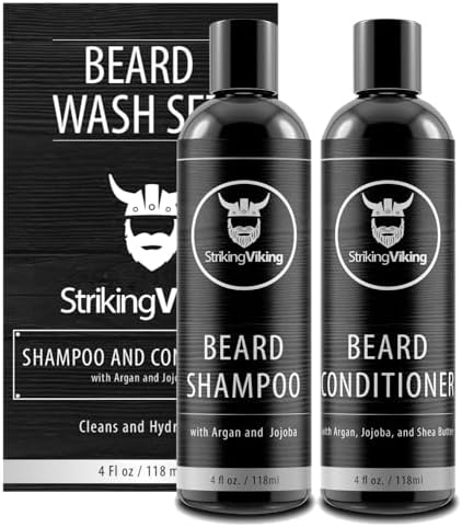 Beard Shampoo and Beard Conditioner for Men, Naturally Derived Ingrediets Beard Wash Set Cleanse Softens & Conditions with Organic Argan and Jojoba Beard Oils, Sulfate & Paraben Free - Striking Viking