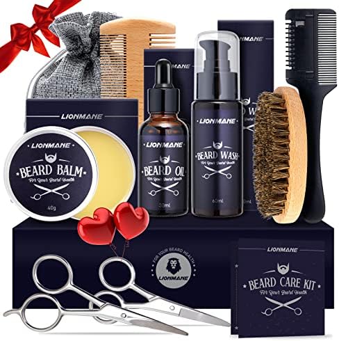 Lionmane Beard Care Valentine's Day Gifts Kit for Men, Beard Mustache Grooming Kit-Beard Balm, Beard Wash, Beard Oil, Brush, Scissors, Birthday Anniversary Daily Gifts for Husband/Boyfriend/Dad/Him