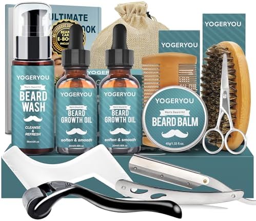 Beard Kit,Beard Grooming Kit W/Straight Razor,2 PACK Beard Oil,Beard Wash,Balm,Brush,Comb,Scissors Mens Birthday Christmas Gifts for Men Boyfriend Husband Beard Shaping Shaving Kit
