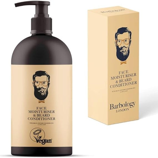 Barbology LONDON 2-in-1 Beard and Face Moisturizer with Jojoba Oil, Argan Oil, and Avocado Oil, Conditions Dry, Itchy and Coarse Facial Hair, 10oz Pump Bottle
