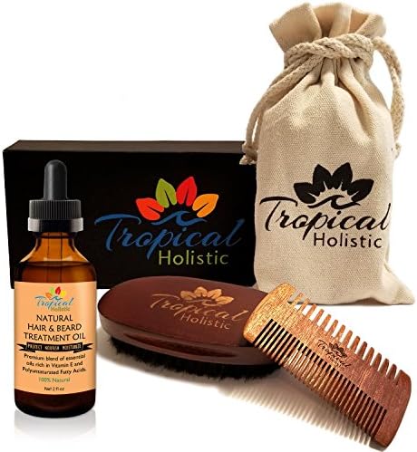 Natural Beard Grooming Kit for Men, 3-in-1 Set, Boar Bristle Brush, Handmade Wood Comb, 100% Pure Unscented Hair Treatment Oil 2 oz, Travel Bag
