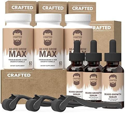 Crafted Beard Growth Kit - The Best Beard Growth Kit - Grow A Thicker Fuller Beard - 3x Beard Growth Oil, 3x Beard Roller, 3x Beard Growth Vitamins (3 Month Kit)