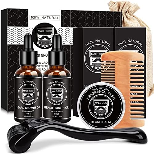 MALE GOD Beard Growth Kit - Beard Kit for Men W/Beard Growth Oil(2 Pack), Beard Balm, Beard Comb, Beard Kit for Spot/Patchy Beard, Birthday &Valentines Gifts for Him Men Boyfriend Husband