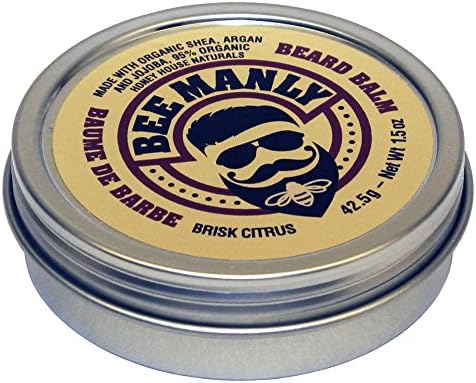 Bee Manly Honey House Naturals Beard Balm – Brisk Citrus Scent – 1.5 ounce Round Travel Size Tin – All Natural Ultra Moisturizing Beard Balm Infused with Essential Oils and Butters