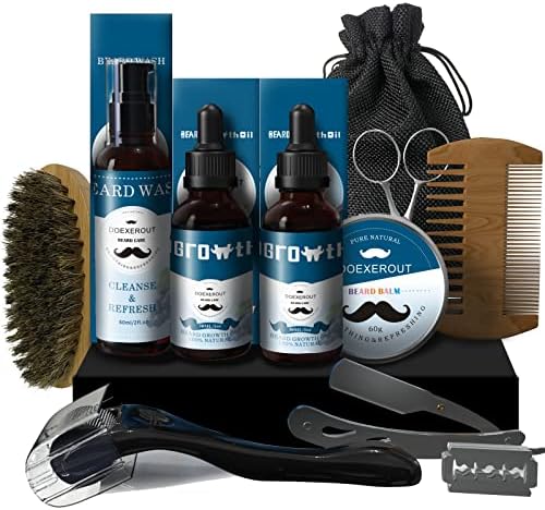 DOEXEROUT Beard Growth Kit - Beard Kit with Beard Growth Oil, Beard Wash, Beard Balm, Beard Brush, Comb, Shaving Scissors, Birthday Gifts for Fathers Boyfriends Husband (beard growth kit)