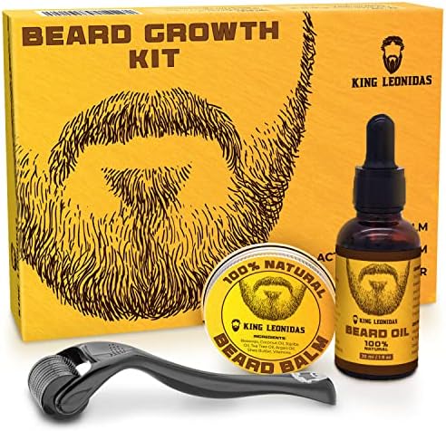 King Leonidas Beard Growth Kit w/Derma Roller 0.25 mm Microneedling Tool for Men, Professional Facial Hair Care Grooming w/Beard Balm & Beard Oil