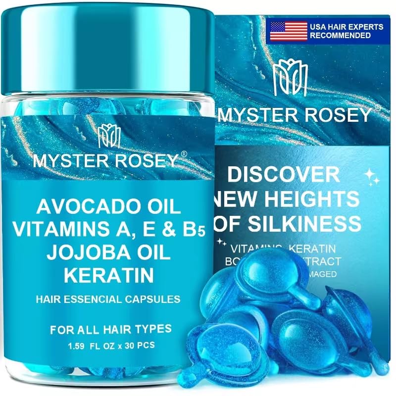 Hair Serum Capsules- No Rinse Conditioner for Frizzy Dry & Damaged Hair with Argan & Avocado Oils Vitamins, 1.59Fl Oz