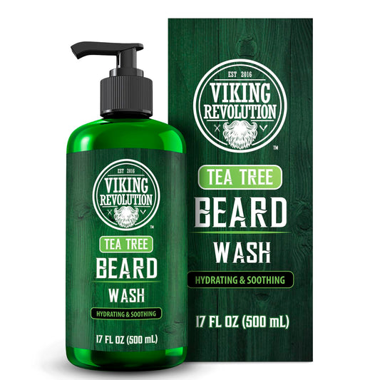Viking Revolution Tea Tree Beard Wash for Men with Argan Oil and Ginseng Root Extract - Beard Softener and Strengthener Beard Shampoo with Olive Oil Beard Care to avoid Beard Dandruff and Itch (17oz)