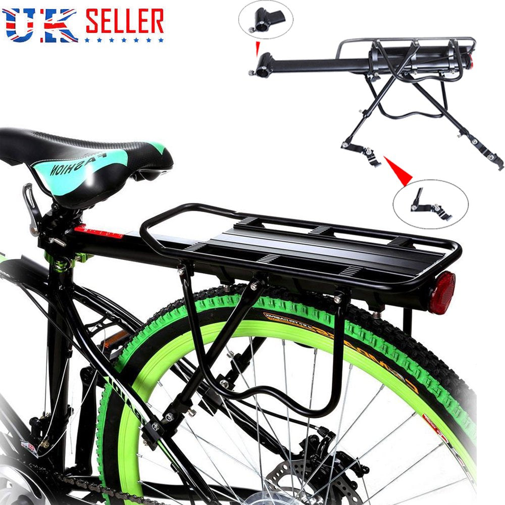 Bike Rear Rack,110Lb Capacity Almost Universal Adjustable Bike Cargo Rack Cycling Equipment Stand Footstock Bicycle Luggage Carrier Racks with Reflective Logo,Black,Easy to Install