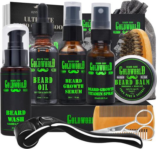GoldWorld Beard Kit,Beard Care Kit,Beard Grooming Kit w/Beard Wash Shampoo,Beard Oil,Beard Serum,Beard Vitamin Spray,Balm,Brush,Comb,Valentines Day Gifts for Men Him Dad