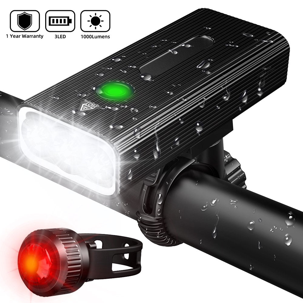 1000 Lumen USB Rechargeable Bike Light, 3 LED Bike Headlight & Taillight Set Super Bright Bicycle Light IPX5 Waterproof Powerful Safety Flashlight for Riding Hiking Camp Cycling Mountain Street Road
