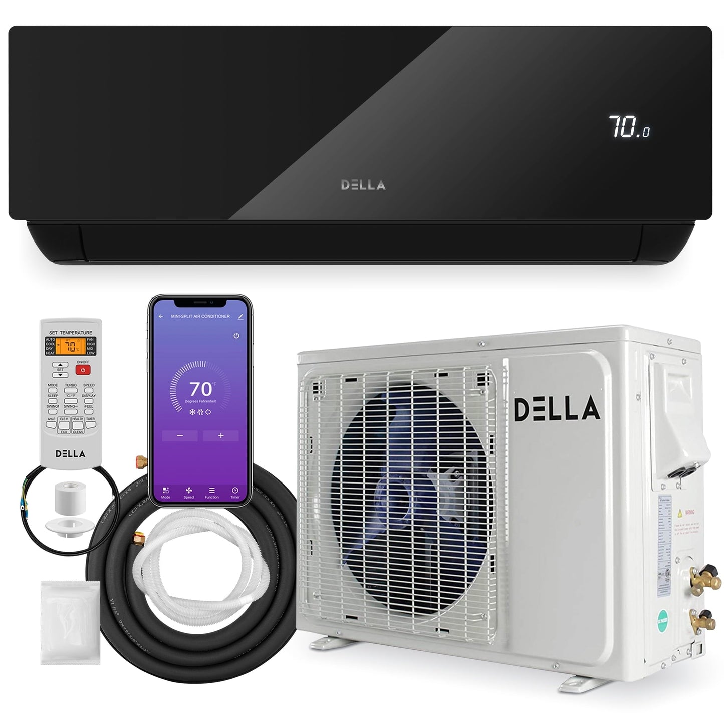 DELLA 18000 BTU Wifi Enabled 19 SEER Cools Up to 650 Sq.Ft 208-230V Energy Efficient Mini Split Air Conditioner & Heater Ductless Inverter System. with 1 Ton Heat Pump (JPB Series)
