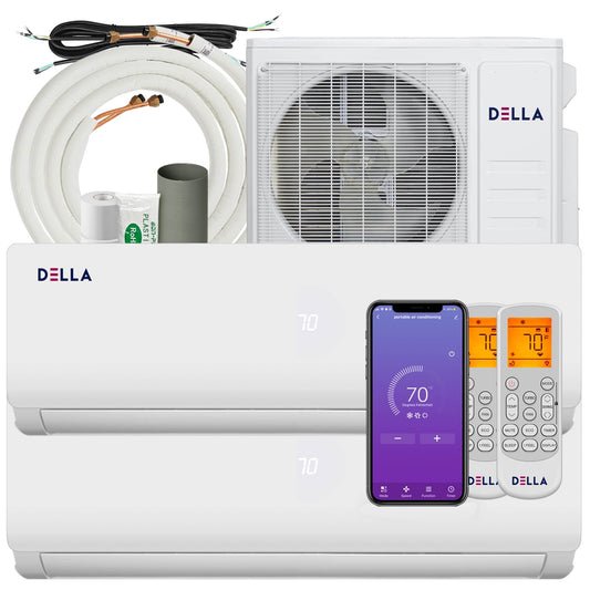 DELLA 18K BTU ODU 2 Zone 9000 9000 BTU 19 SEER 208/230V Cools Up to 800 Sq.Ft Wifi Energy Efficient Multi Zone Ductless Mini Split Air Conditioner Heat Pump Full Set with 16ft Installation Kits