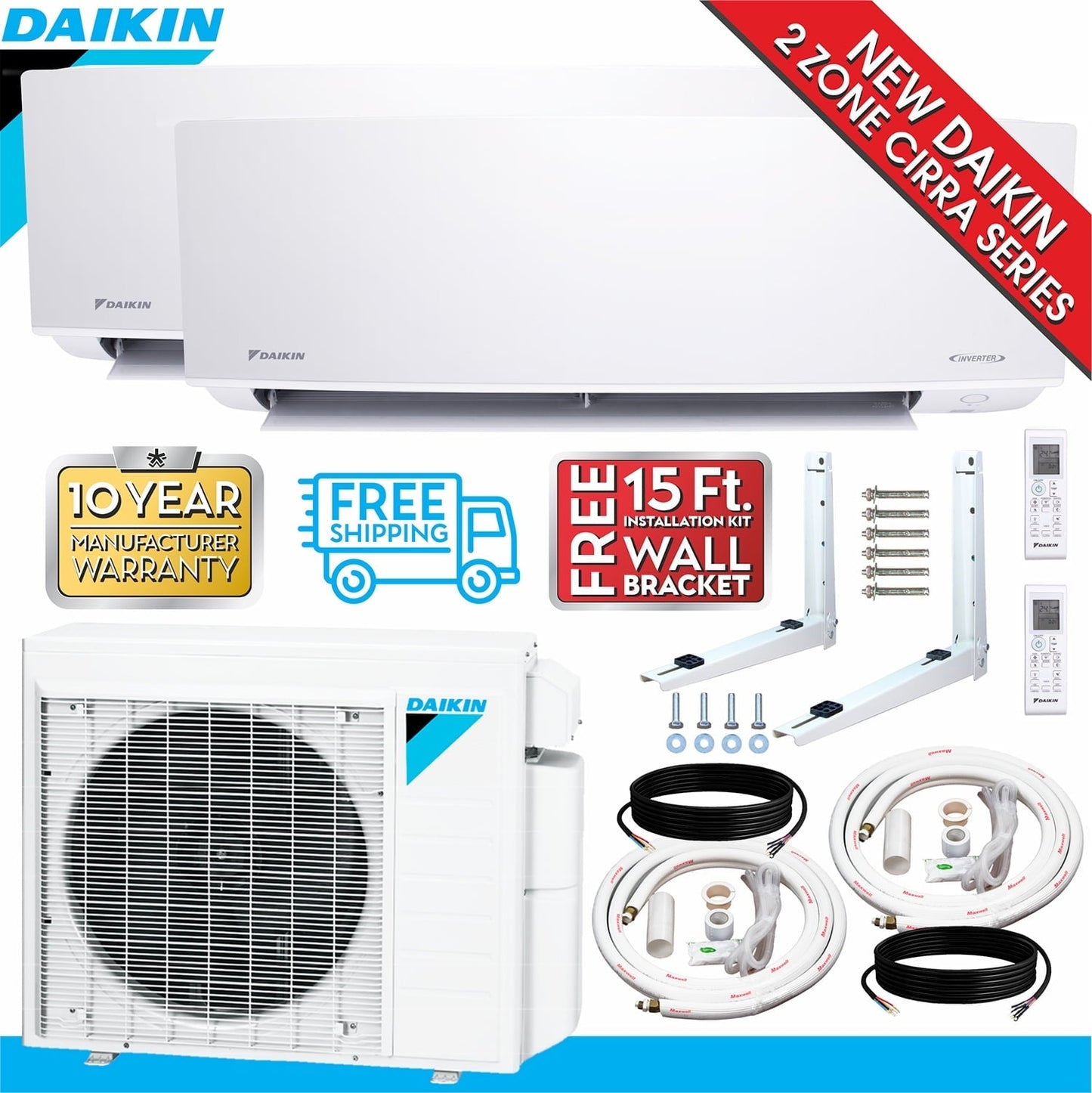 Daikin 2-Zone (12.000 BTU +12.000 BTU) CIRRA Series Mini Split Air Conditioner Heat Pump System with  15 ft. Installation Kit and Wall Bracket