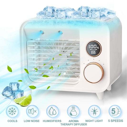 Portable Air Conditioner Fan. Personal Space Air Cooler with 5 Speeds. Mini Cooling Fan Humidifier with Night Light for Bedroom. Home. Office. Camping