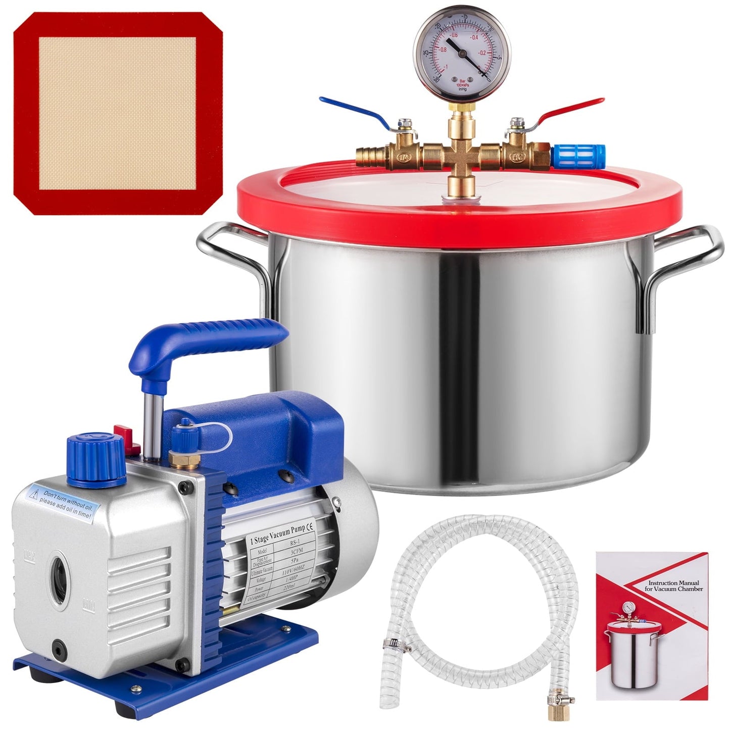 VEVOR 1 gallon Vacuum Degassing Chamber Stainless Steel Degassing Chamber 3.8L Vacuum Chamber Kit with 3 CFM Single Stage Vacuum Pump(3CFM Vacuum Pump + 1 gallon Vacuum Chamber)
