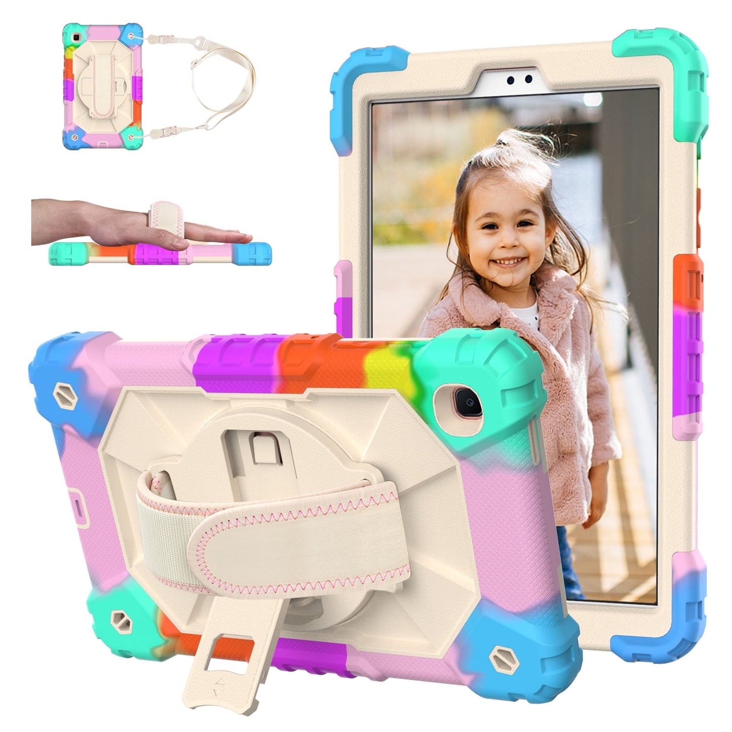 Kids Case for Samsung Galaxy Tab A7 Lite 8.7 inch 2021 Release. Allytech 360 Degree Swivel Stand Heavy Duty Rugged Shockproof Case with Hand/Shoulder Strap Case for SM-T220/T225. Colorful Beige