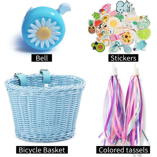 Kid'S Bicycle Basket Streamers Set, Children'S Bike Handlebar Wicker Basket Bike Streamers Bell and Stickers, Bike Basket Front Decoration for Girls