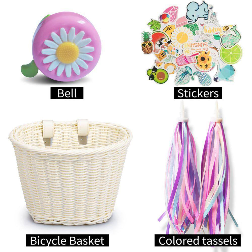 Kid'S Bicycle Basket Streamers Set, Children'S Bike Handlebar Wicker Basket Bike Streamers Bell and Stickers, Bike Basket Front Decoration for Girls