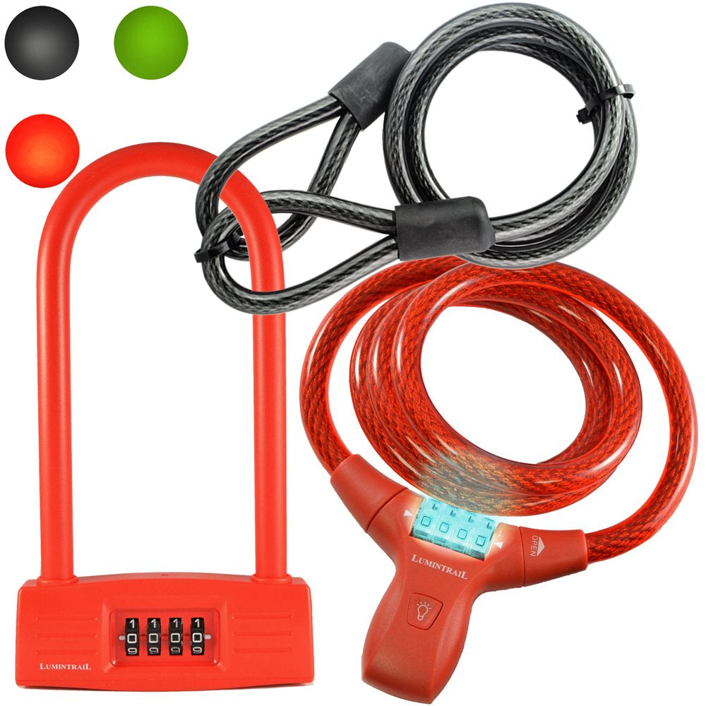 Lumintrail 14Mm 4 Digit Combination Cable Lock and Bicycle U-Lock D-Lock Combo Package with 4 Foot Security Cable