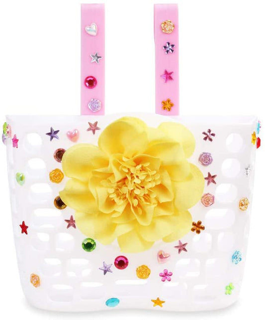MINI-FACTORY Kid'S Bike Basket, Cute Flower + Bling DIY Crystal Stickers Bicycle Front Handlebar Basket for Kid Girls (White)