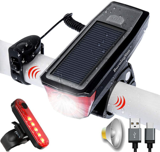 Bike Light Set and Horn Solar Powered USB Rechargeable 4 Mode Bicycle Headlight Taillight Combinations Front Back Light & Bell for Cycling Riding Safety Warning Rear Tail Light LED Speaker