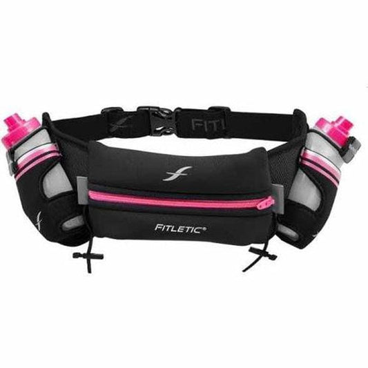 Fitletic Hydra 16 Hydration Belt : BLK / PNK, S/M Running, Hiking, Cycling with 2 X 8Oz Bottles, No Bounce